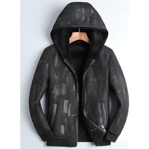 Real Genuine Leather Jacket Men Hooded Winter Sheepskin Coat Short Wool Lining Mens Leather Jackets Blouson Cuir Homme 4714