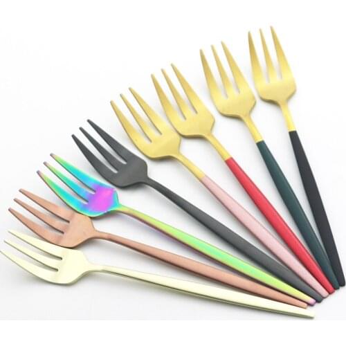6Pcs Dessert Fruit Fork Cutlery Set Tea Cake Snack Forks Dinnerware Coloful Fork Matte Stainless Steel Tableware Silverware Set