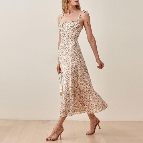 Summer Dress 2021 Vintage Floral Print Boho Beach Dress Sleeveless Tie Strap Sexy Party Ruffle Hem Elegant Midi Dress Women