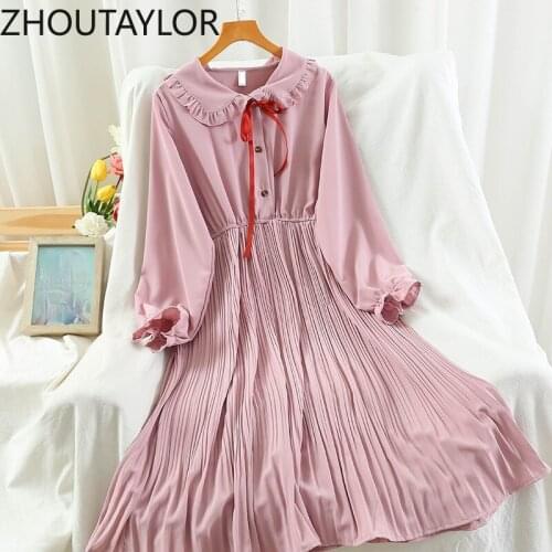 ZHOUTAYLOR Dresses Women Autumn New Peter Pan Collar Casual Dresses Femme A-LINE Full Sleeve Button High Waisted Vestidos Female