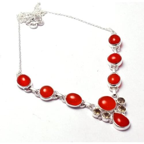 Genuine Carnelian + Citrine Necklace 925 Sterling Silver, 53 cm,MHBNE0282
