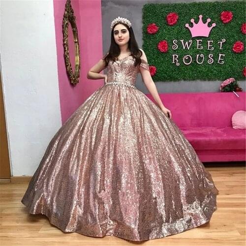 Modern Rose Gold Reflective Quinceanera Dresses Sequins Off Shoulder Lace-up Prom Gowns Sparkly Formal dress Party Dress