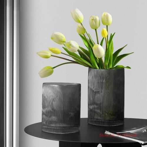 Light Luxury Vertical Pattern Glass Vase Nordic Decor Home Ornaments Hydroponic Flower Vases Noble Dining Tabletop Accessories