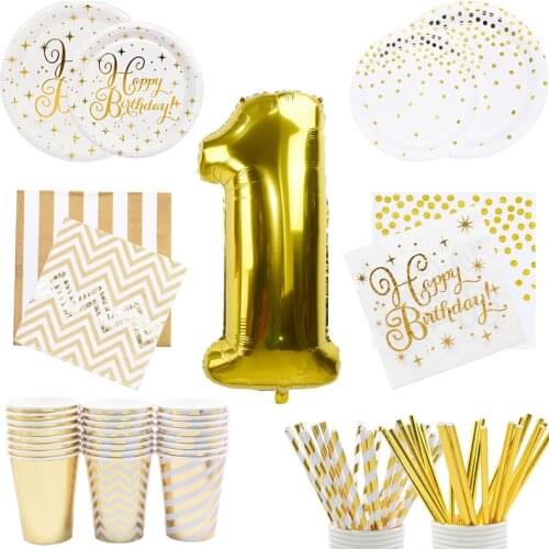 Party Disposable Tableware Set Gold Paper Cup Plate Straws Napkin Number Balloons Kids Birthday Supplies Golden Party Decoration