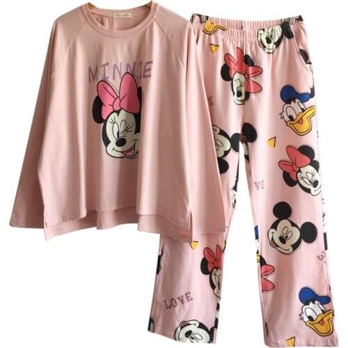Disney Mickey Minne Mouse Girls Printed Spring Autumn Pajamas Set Women Long Sleeve 2 Piece Homewear Sleeperwear Clothes