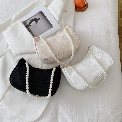 Vintage Women Bag Jacquard Lace Flower Solid Color Pearl Chain Shoulder Underarm Handbag Female Storage Travel Tote