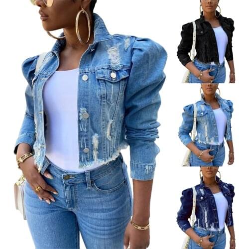 Y2k Womens Ripped Denim Jacket Casual Long Puff Sleeve Button Down Cropped Jean Coats for Fall