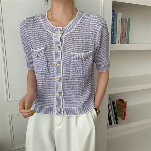 Pocket O-Neck Short-Sleeve Knitting T-shirt Womens Sweater Buttons Cardigan Summer Fall 2021 New Korea Elegant Sweet Wind Chic