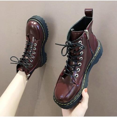 Women Moto Boots Student Girl Ankle Boots PU Leather Mid Heels Flatform Side Zipper Lace Up Casual Shoes
