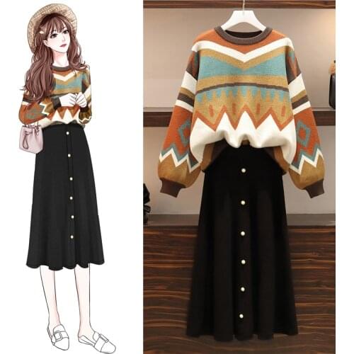 New Vintage Knitted Sweater Skirt Sets Women O-neck Long Sleeve Casual Loose Pullovers Tops + Long Midi Skirts Two Piece Set