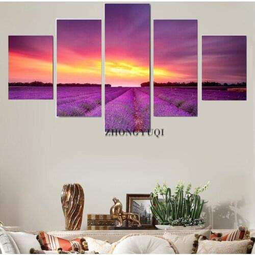 5 Pieces Romantic Lavender Sea Sunset Landscape Modern Canvas Painting Framed Printed Wall Art Pictures Poster Room Home Decor