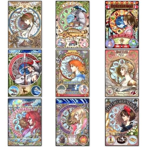 Miyazaki Hayao Anime Posters And Prints Classic Mucha Style Japanese Animation Canvas Painting Home Decoration Wall Art Pictures