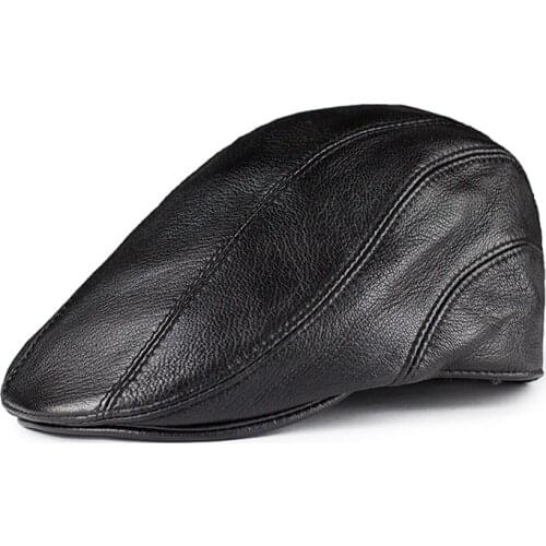 2021 Genuine Leather Windproof Duckbill Berets Man Cap Cowhide Gorras Black Ear Protection Casquette Hats For Male Fashion