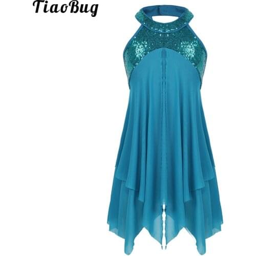 TiaoBug Kids Girls Halter Sequins Criss Cross Back Leotard Dress For Lyrical Modern Contemporary Ballroom Dance