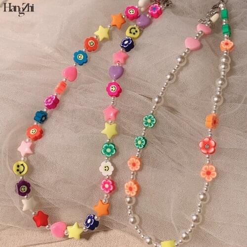 HangZhi 2021 New Korean Cute Flower Smile Face Pearl Soft Pottery Resin Necklace Clavicle Choker for Women Girls Jewelry