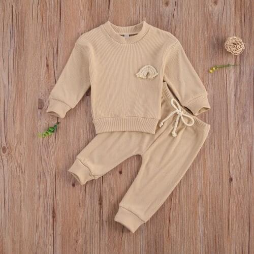 Ribbed Cotton Newborn Set Infant Baby Knitted Clothes Solid Rainbow Embroidery Long Sleeve Tops+Drawstring Waist Pants Outfits