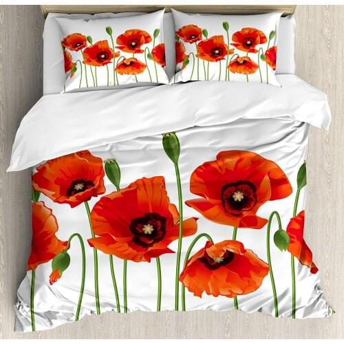 Floral Duvet Cover Set Poppies of Spring Season Pastoral Flowers Botany Bouquet Field Nature Theme Art Decorative 3 Piece Bed
