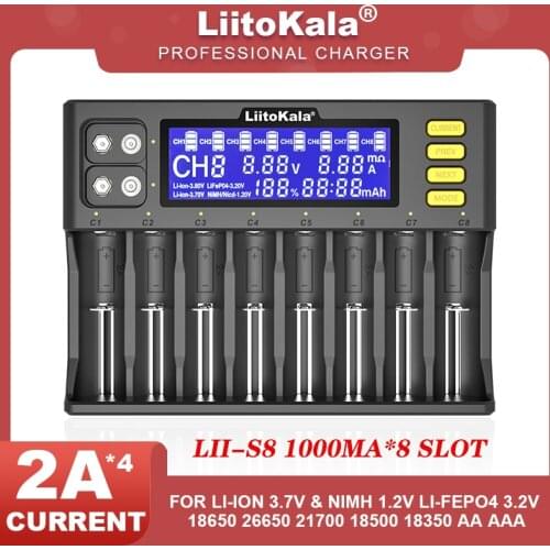 LiitoKala Lii-S8 LCD Battery Charger Li-ion 3.7V NiMH 1.2V Li-FePO4 3.2V IMR 3.8V for 18650 26650 21700 26700 AA AAA 9V