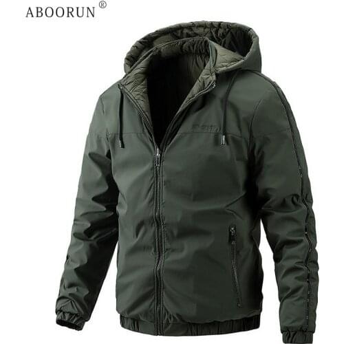 ABOORUN Mens Casual Down Cotton Hooded Jacket Double-sided Striped Warm Coat Winter Cotton Coat for Male
