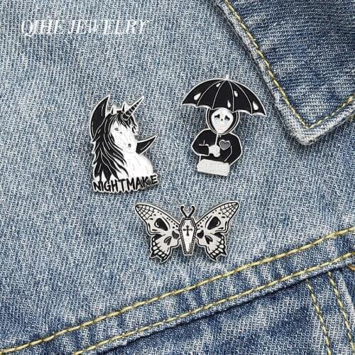QIHE Jewelry Lonely Skull Enamel Pin Coffin Butterfly Lapel pin Night Horse Badges Black and White Brooches Men Women Jewelry
