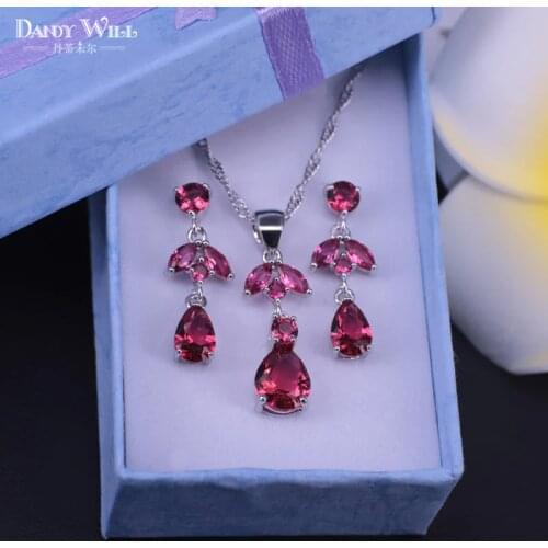 Jewelry set for women silver color necklace earring set bridal jewelry pear cut rose red crystal jewelry set party gift