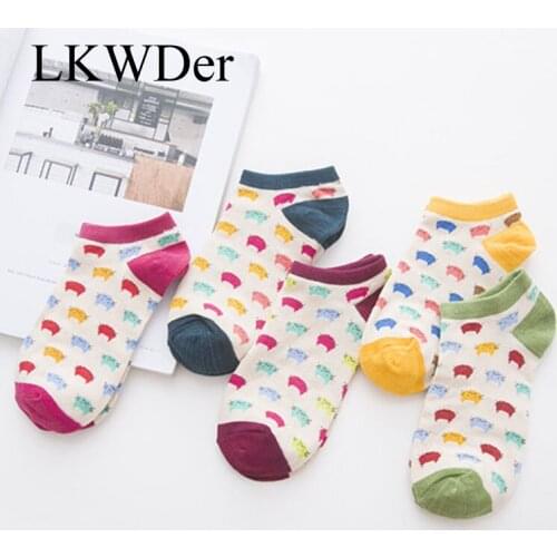 LKWDer 5 Pairs Womens Quality Ankle Socks Kawaii Cat Pattern Low Tube Socks Women Cotton Casual Summer Autumn Sock Girl Meias