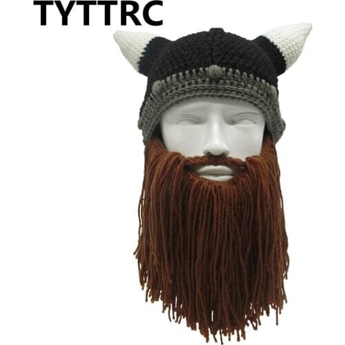 New Barbarian Viking Beanie Beard Horn Hat Handmade Knit Winter Warm Cap Men Women Birthday Cool Funny Gag Party Christmas