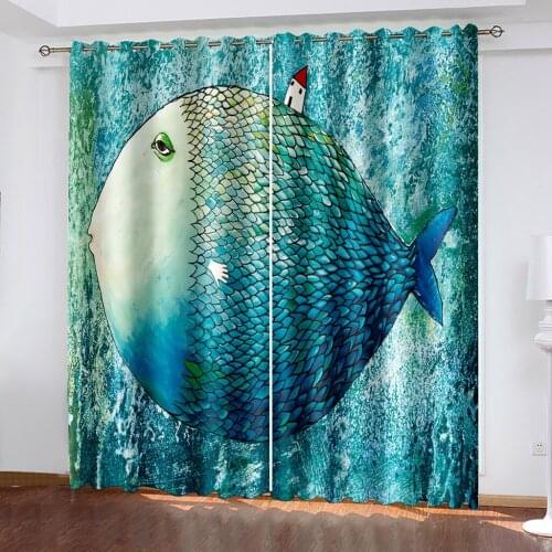 New custom childrens room cute cartoon boy girl bedroom Photo draw fish curtains blue blackout curtain