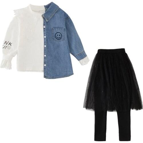 Girl Autumn British Fashion Two-Piece Set Girl T-shirt mesh skirt pants suit Girl smile pattern cowboy T-shirt gauze two-piece