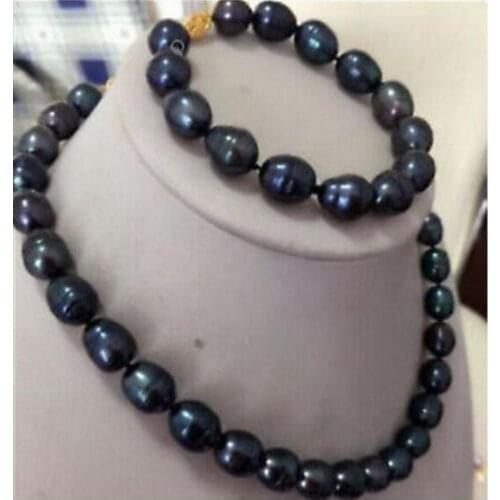 Fashion jewelry Free Shipping New 9-10MM Black Freshwater Pearl Necklace Bracelet Set