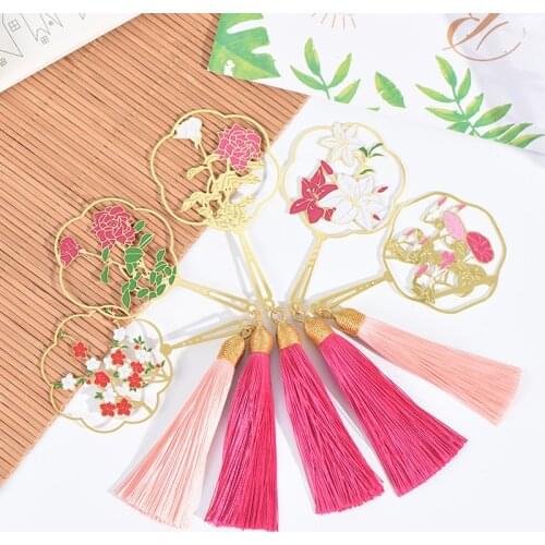 Retro flower Fan Metal Bookmark Chinese style tassels Pendant Book mark for children student gift School Office Supplies