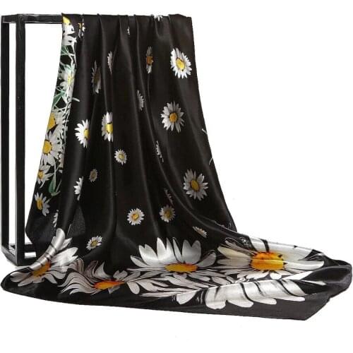Fashion Spring Floral Print Scarf For Women Silk Satin Kerchief Scarfs New 90X90CM Square Shawl Headband Scarves For Ladies 2021