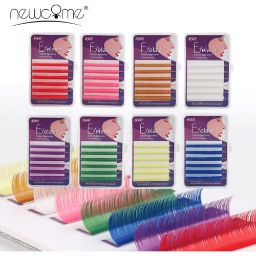 NEWCOME Color Lashes Pink/Blue/Purple/Red/Yellow/Green/White/Brown Mixed 9-14mm Silk Individual Eyelash Extension Faux Cilios