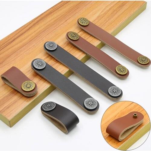 Leather Cabinet Knobs and Handles for Kitchen Cupboard Door Pulls Black Brown Furniture Handle Wardrobe Dresser Knobs