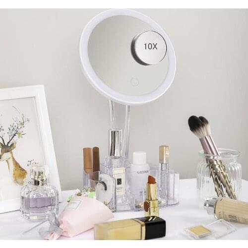 Lighted Makeup Storage Box With Mirror Led Lights 10X Magnifying Detachable Light Up Mirror Touch Screen Dimming 90° Rotation