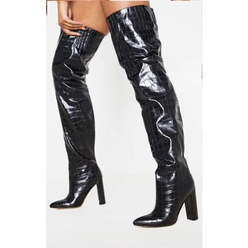 MKKHOU Over-the-knee Boots Women 2020 New Winter Pointed Toe Plaid Thick Heel 12 cm High Heel Tight Elastic Boots Leather Boots