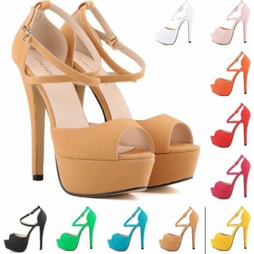 Plus Size 42 Women Classic Thin High Heels Fetish Sandals Peep Toe Flock 14CM Buckle Strap waterproof women shoes size 35-42