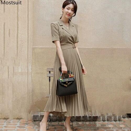 Summer Elegant Office Lady Long Pleated Dress For Women Short Sleeve Notched Collar Slim Bodycon Dresses Korean 2021