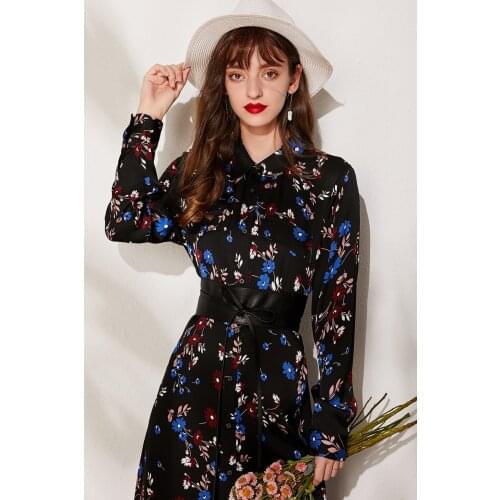 Autunm Pure Silk Shirt Dress 100% Mulberry Silk Women Print Long Sleeve A-line Dresses M L XL FREE SHIPPING