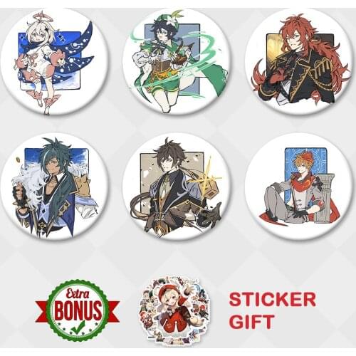 Genshin Impact Badge Anime Illustration Paimon Zhongli Tartaglia Venti Diluc Kaeya Cosplay Chibi Brooch Hot Game Decor Gifts