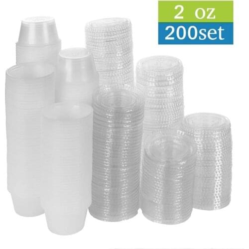 200 Pack of 2-Ounce Disposable Plastic Jello Shot Cups with Lids, Souffle Portion Container, 2 oz-200 Sets, Clear