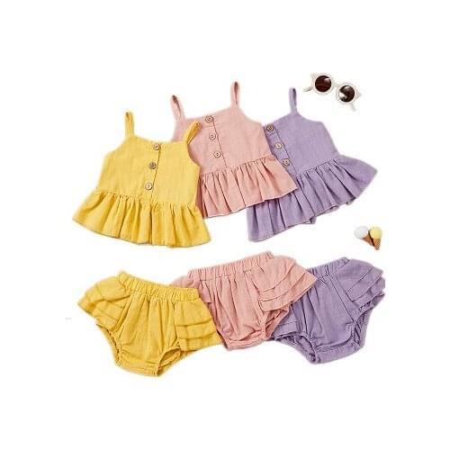 2021 Infant Baby Girl’s Summer Two Piece Set Fashion Solid Color Button Suspender Tops and Ruffles Short Pants 6M-5T