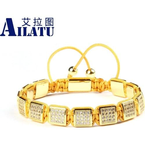 Ailatu Wholesale 10pcs/lot Clear Cz Flatbed Gold Square Macrame Bracelet for Cool Mens Gift