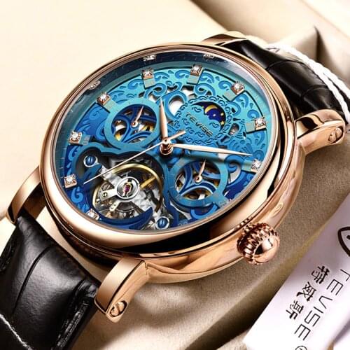 TEVISE Men Watches Fashion Hollow Automatic Mechanical WristWatch Mens Luxury Blue Leather Sport Waterproof Clock Relojes Hombre