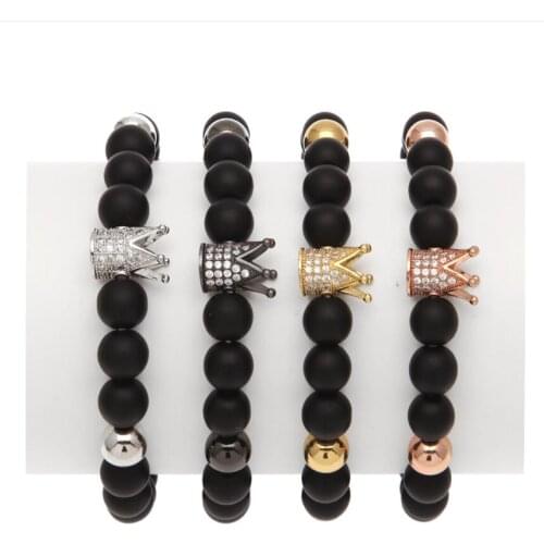 Adjust size black bead with matal bead lover gift micro pave cz ball crown bead diy boy girl bead chain bracelet fashion