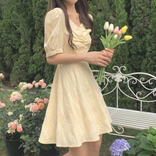 Elegant Casual Womens Dresses Party Puff Sleeve Vintgant Bandage Dress Females 2021 Summer One Piece Dress Korean V-neck Y2k