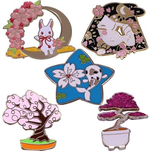 Cherry Blossoms Flower Sakura Potted Plants Brooch Pins Enamel Badges Lapel Pin Brooches Jackets Fashion Jewelry Accessories