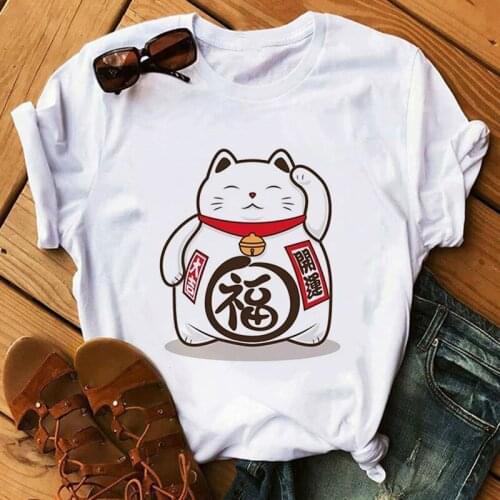 Lucky Cat Kawaii Graphic Print T-shirt Women Harajuku Aesthetic White Tops Tshirt Tee Korea Fashion Cute Casual Female T Shirt