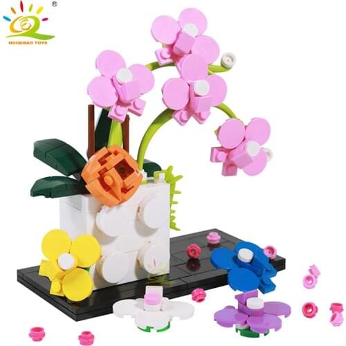 HUIQIBAO 267Pcs Phalaenopsis Flowers Blossom Bouquet MOC Building Blocks City Bricks Construction Children Toys For Girls Friend