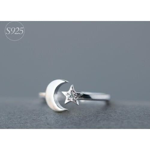 Adjustable size Crescent Moon and Star Ring Openable- 925 Sterling Silver -Moon Star Sky New